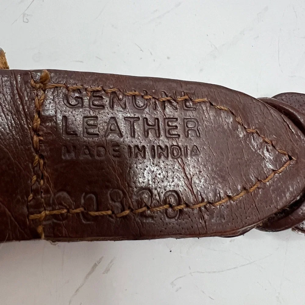 Genuine Leather Woven‎ Link Belt Dark Brown Solid Brass Buckle Made in India 90s